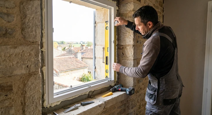 Homme en tee-shirt bleu mesurant une fenêtre avec un mètre ruban jaune dans un intérieur résidentiel