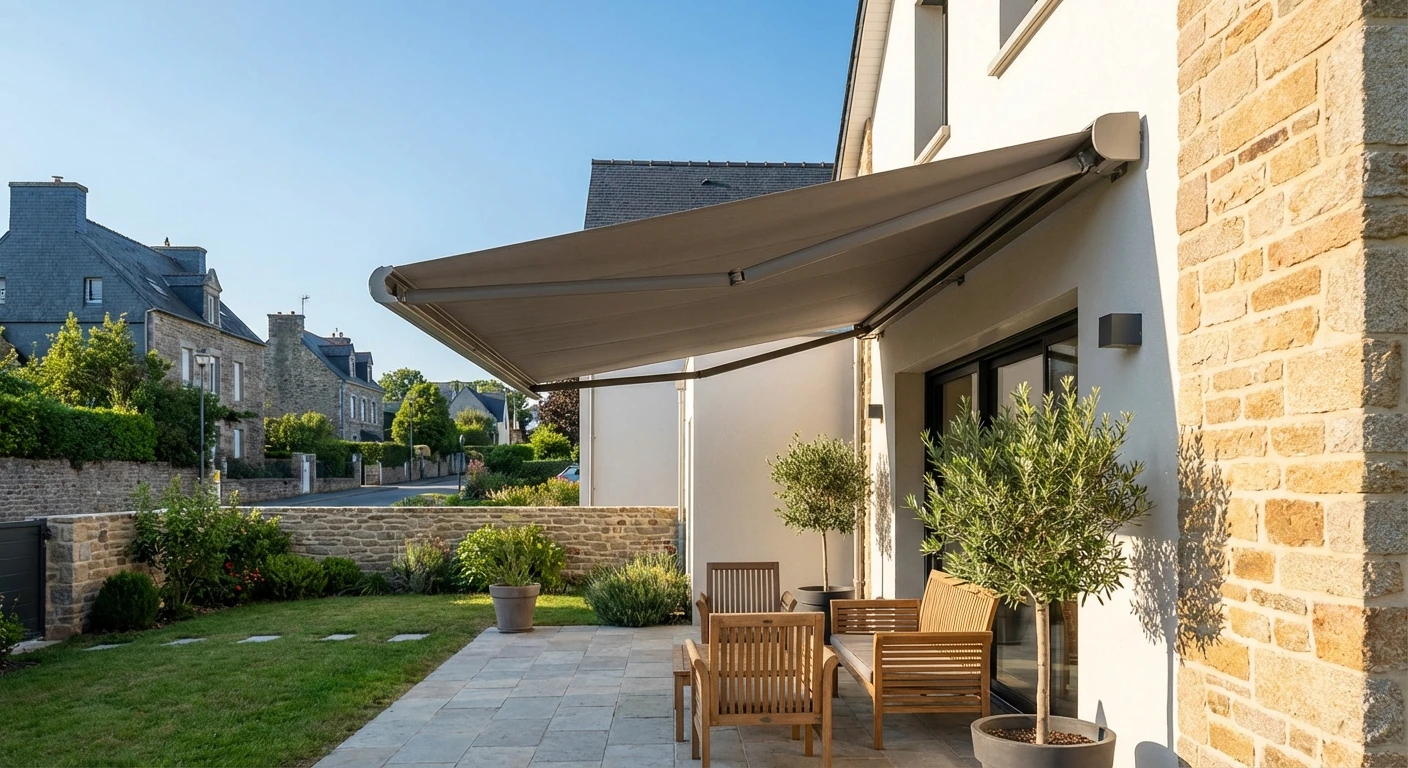 Photographie réaliste d'une maison individuelle moderne en rénovation vue de l'extérieur, avec un store motorisé gris anthracite ou taupe élégant installé sur la façade principale, partiellement baissé pour créer de l'ombre sur une zone terrasse ou fenêtre. La maison est ensoleillée, l'ombre créée par le store contraste avec la zone exposée au soleil. La qualité d'installation doit apparaître professionnelle et soignée. Environnement résidentiel typique de Lorraine avec jardinage et pavage. Aucun texte ni logo visible.