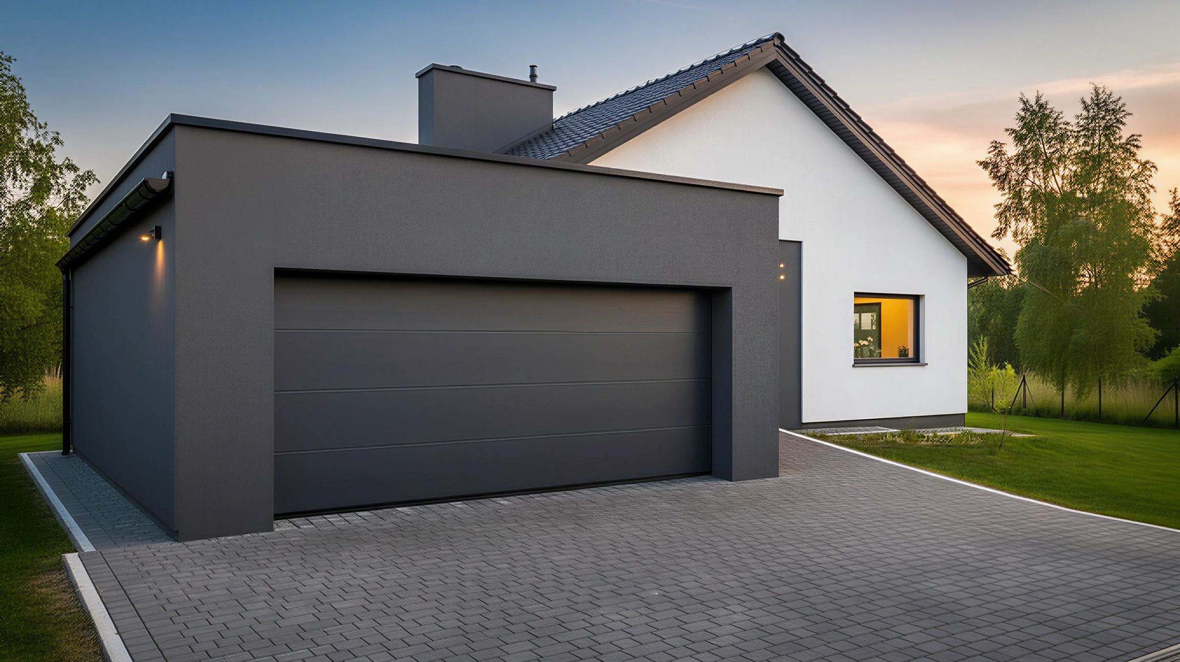 Ext&eacute;rieur r&eacute;sidentiel moderne avec porte de garage sectionnelle anthracite &agrave; panneaux horizontaux lisses, int&eacute;gr&eacute;e dans fa&ccedil;ade blanche contemporaine