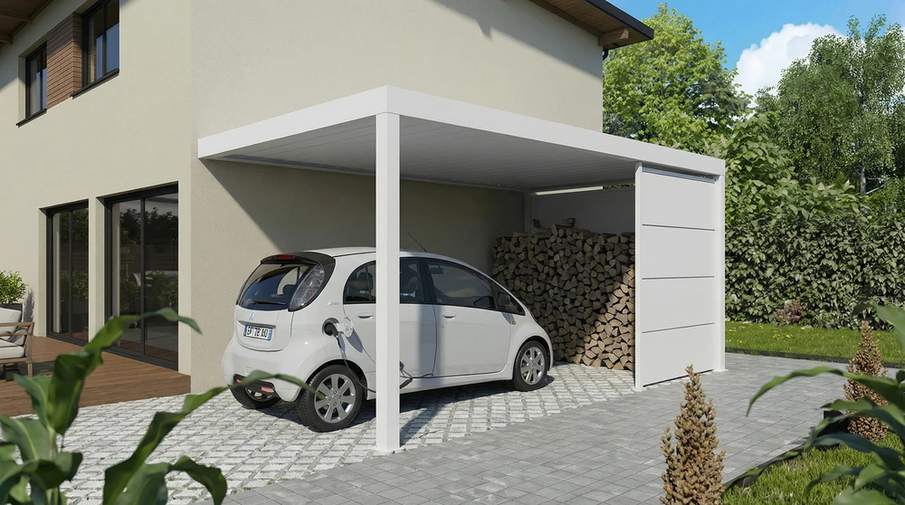 Portail coulissant aluminium laqué gris anthracite RAL 7016, lames horizontales pleines, monté entre piliers en parpaings pierre reconstituée avec chapeaux