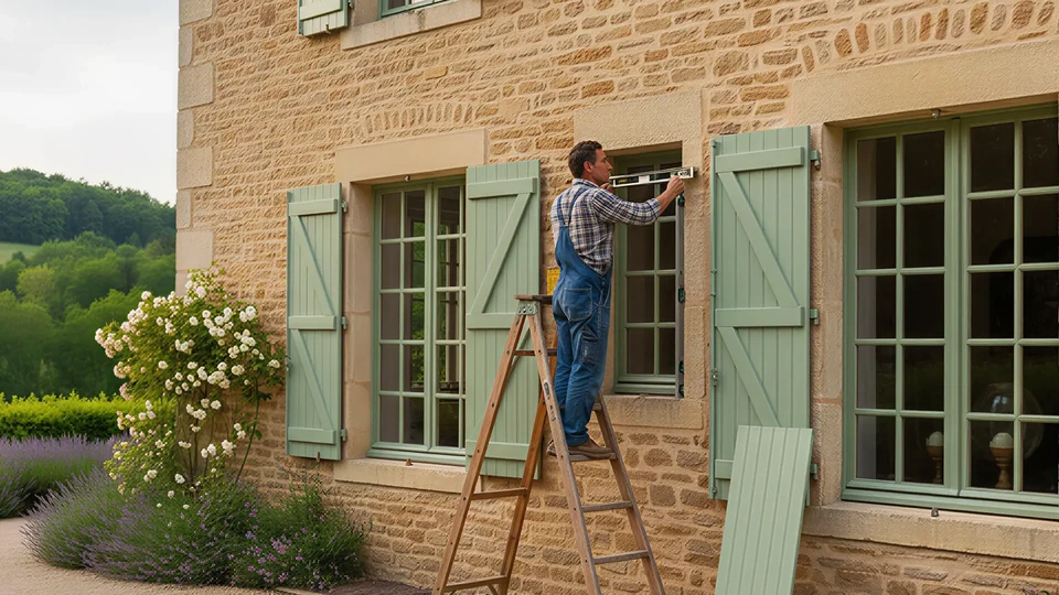 Intérieur résidentiel avec fenêtres à guillotine en bois blanc équipées de volets battants à persiennes