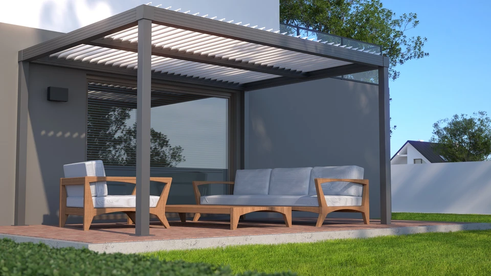 Maison moderne avec jardin et pergola bioclimatique