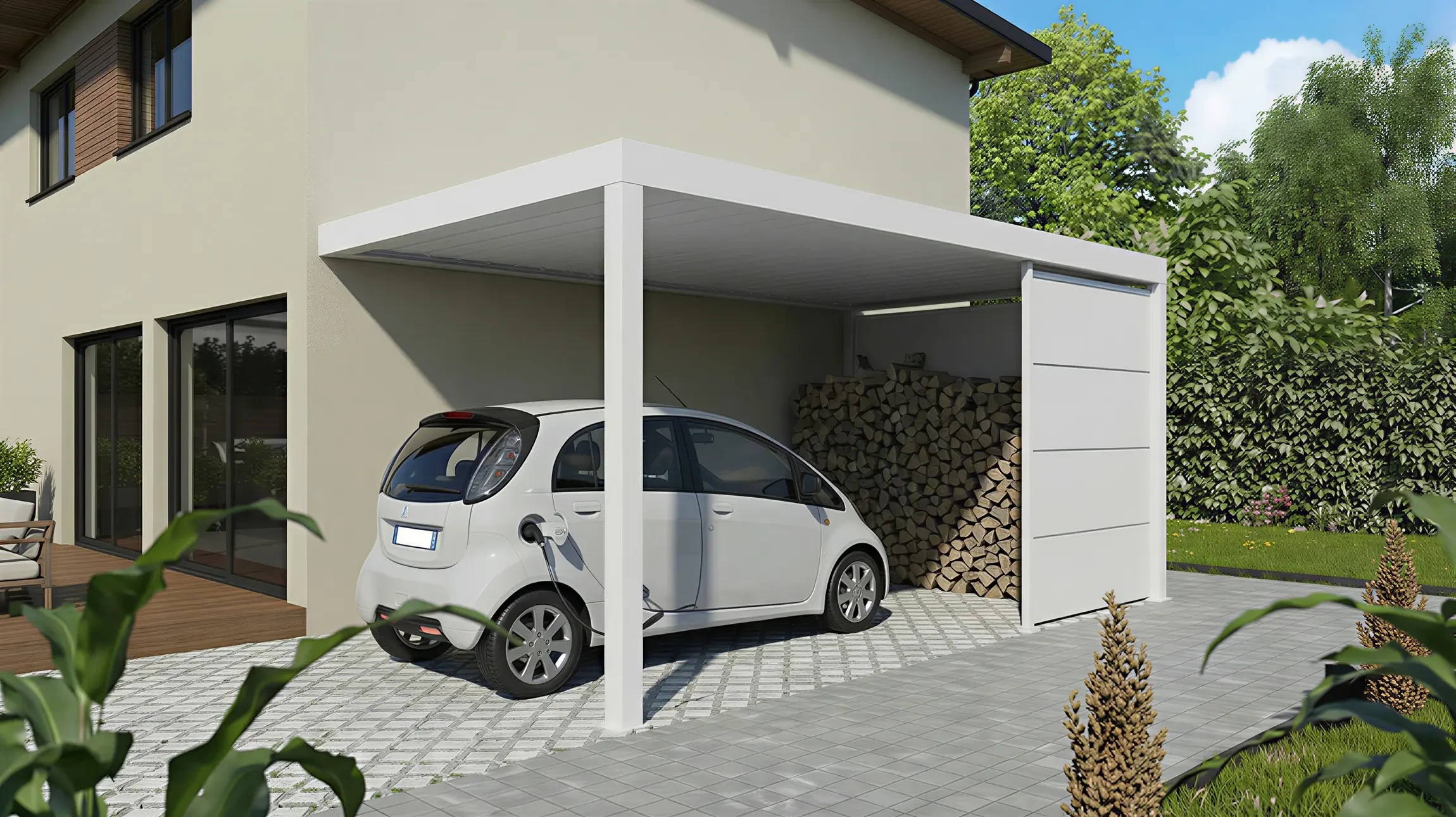 Photographie réaliste d'un carport solaire moderne installé devant une maison résidentielle. La structure présente une couverture intégrée de panneaux photovoltaïques bleus-noirs, offrant de l'ombre aux deux véhicules stationnés sous celui-ci. L'installation est nette et professionnelle, avec des supports métalliques clairs. La maison avec jardin aménagé est visible en arrière-plan par beau temps ensoleillé, mettant en évidence le fonctionnement optimal des panneaux.